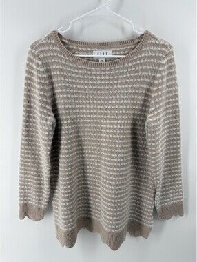 ELLE Tan Striped Sz Medium Casual or Dress Scalloped Hem Pullover Tunic Sweater